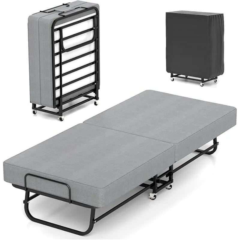 Folding Bed with Mattress, Metal Frame