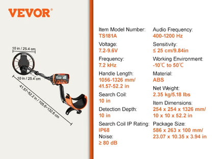 Metal Detector 10Inch Waterproof Search Coil with LCD Display 7 Modes Adjustable 41''-52''