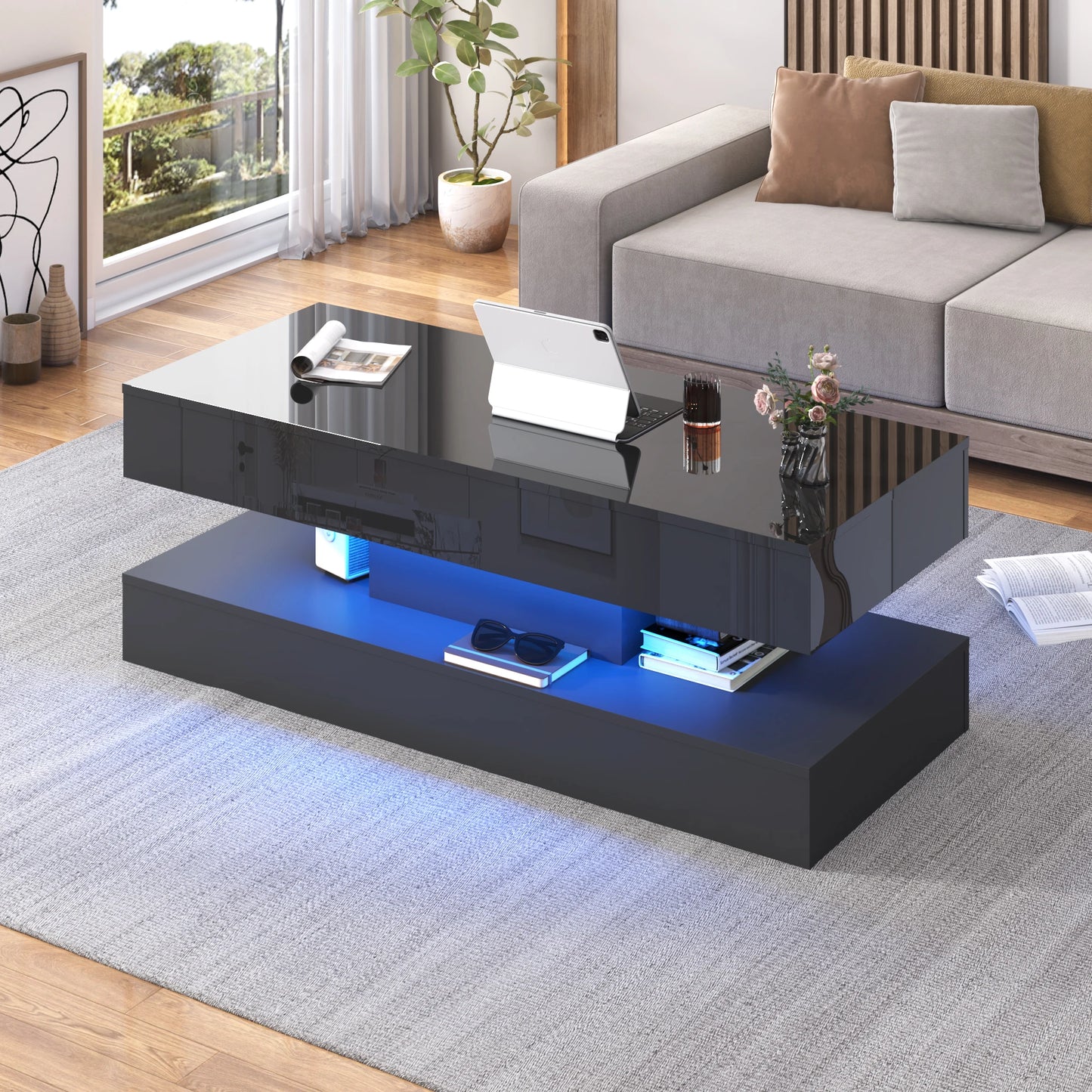 High Glossy LED Coffee TableOpen Display Shelf & Large Storage Space