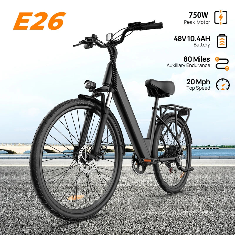 Peak 750W E26 Electric Bike for Adults | 48V 10.4Ah Removable Battery, Top Speed 20MPH, 26''X2" Standard Tire, 7-Speeds