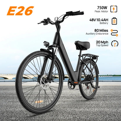 Peak 750W E26 Electric Bike for Adults | 48V 10.4Ah Removable Battery, Top Speed 20MPH, 26''X2" Standard Tire, 7-Speeds