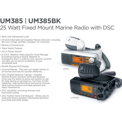 UM385 25 Watt Fixed Mount Marine Vhf Radio, Waterproof IPX4 With Triple Watch, Dsc, Emergency/Noaa Weather Alert