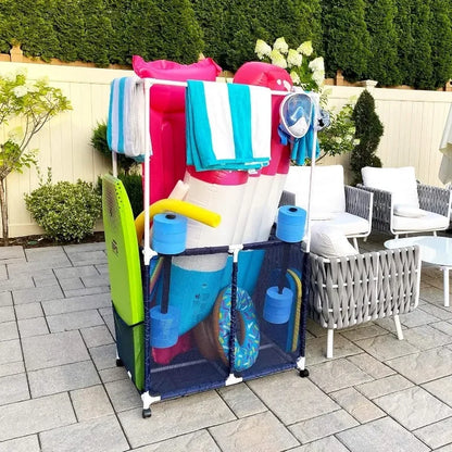 Pool Equipment Holder with Towel Drying Bars, Mesh Rolling