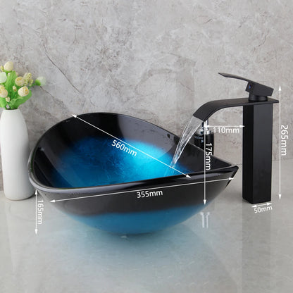 Tempered Glass Washbasin with Black Waterfall Faucet Bathroom Countertop Basin Sinks