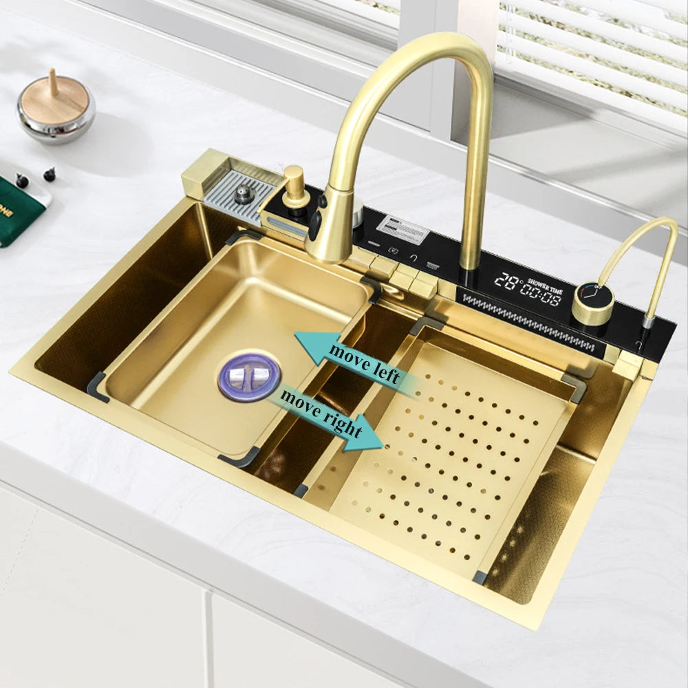 Multifunctional Kitchen Waterfall Sink Digital Display; 304 Stainless Steel