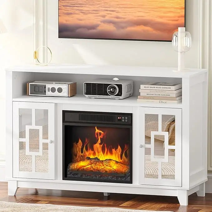 Fireplace TV Stand with Sliding Mirrored Door for TVs up to 70", Entertainment Center with Storage Cabinet and Shelves,