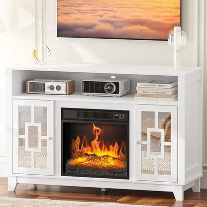 Fireplace TV Stand with Sliding Mirrored Door for TVs up to 70", Entertainment Center with Storage Cabinet and Shelves,