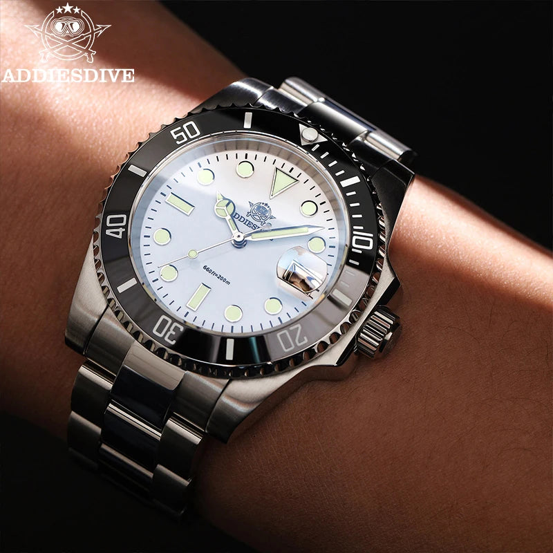 ADDIESDIVE Quartz Watch 316L Stainless Steel Windows Display Blue luminous 20Bar Ceramic Ring Waterproof Scuba