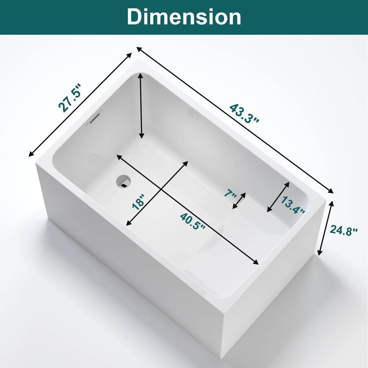 43" Acrylic Freestanding Bathtub, Soaking Tub w/Seat, Chrome Overflow, Gloss White Bathtub