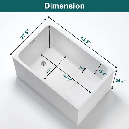 43" Acrylic Freestanding Bathtub, Soaking Tub w/Seat, Chrome Overflow, Gloss White Bathtub