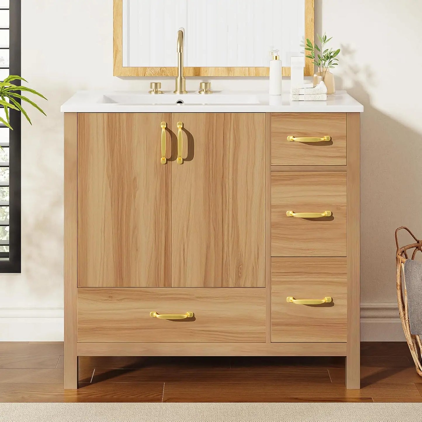 36 inch Bathroom Vanity with Sink, Wood  Storage Cabinet with 3 Drawer, 1 Bottom Divider Drawer