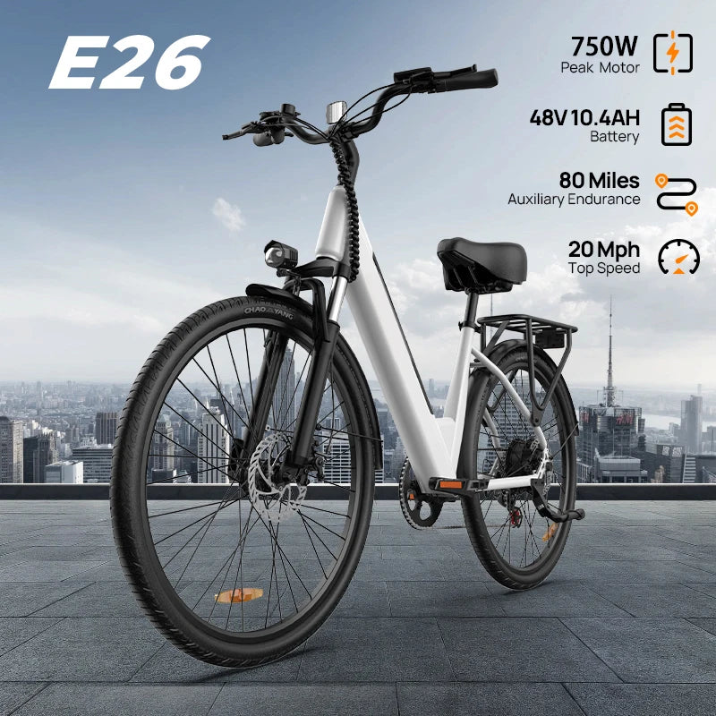 Peak 750W E26 Electric Bike for Adults | 48V 10.4Ah Removable Battery, Top Speed 20MPH, 26''X2" Standard Tire, 7-Speeds