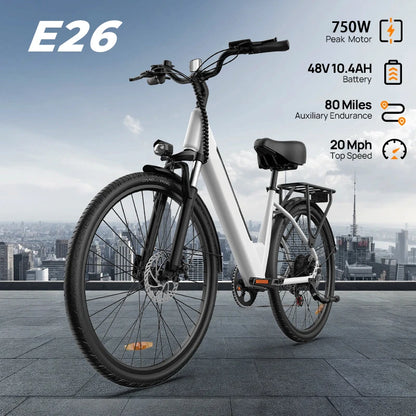 Peak 750W E26 Electric Bike for Adults | 48V 10.4Ah Removable Battery, Top Speed 20MPH, 26''X2" Standard Tire, 7-Speeds