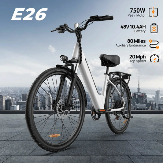 Peak 750W E26 Electric Bike for Adults | 48V 10.4Ah Removable Battery, Top Speed 20MPH, 26''X2" Standard Tire, 7-Speeds
