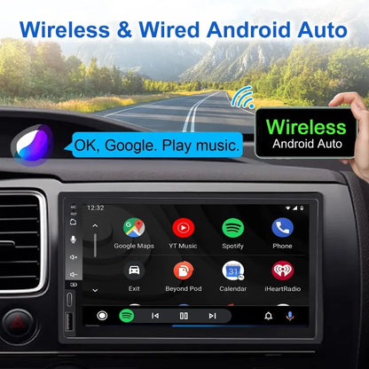 7 Inch Car Radio Wireless CarPlay Android Auto Universal Double Din Car Stereo with Live Rear-View Backup Camera
