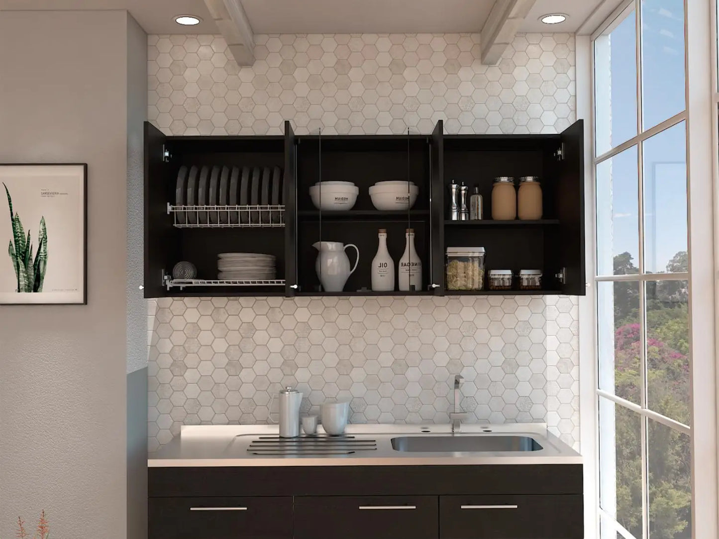 Superior 150 Wall Cabinet With Glass, Four Interior Shelves, Two Double Door Black
