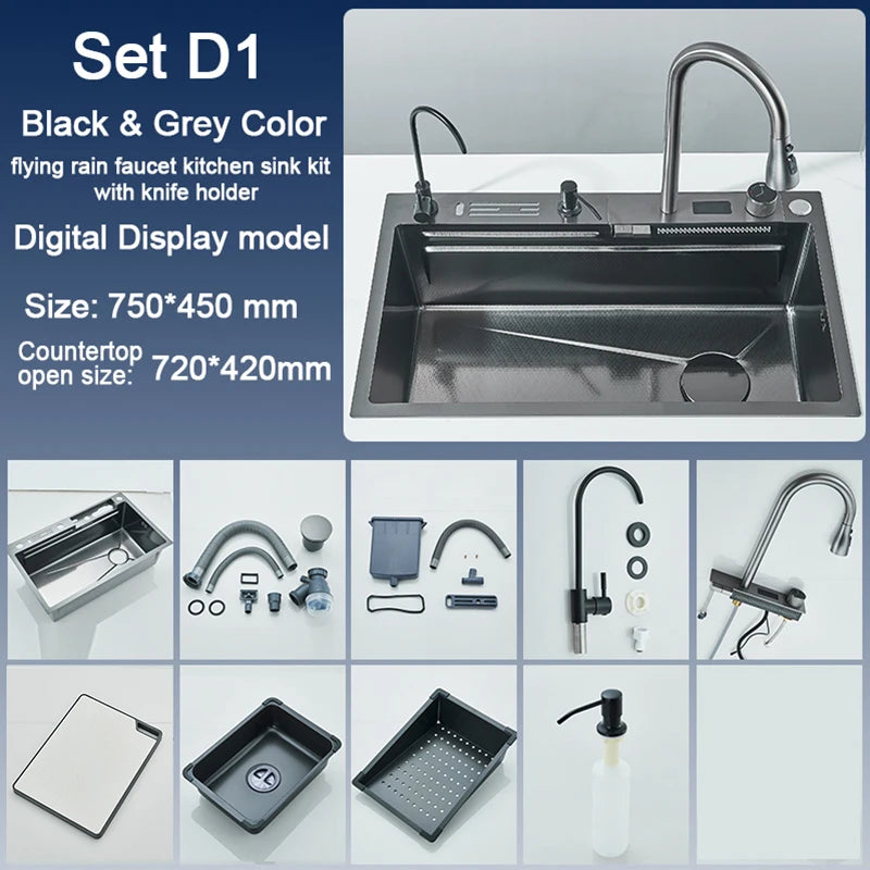 304 Stainless Steel Kitchen Sink with Digital Display Waterfall Faucet, Multifunctional Large Single Slot Whale Sink