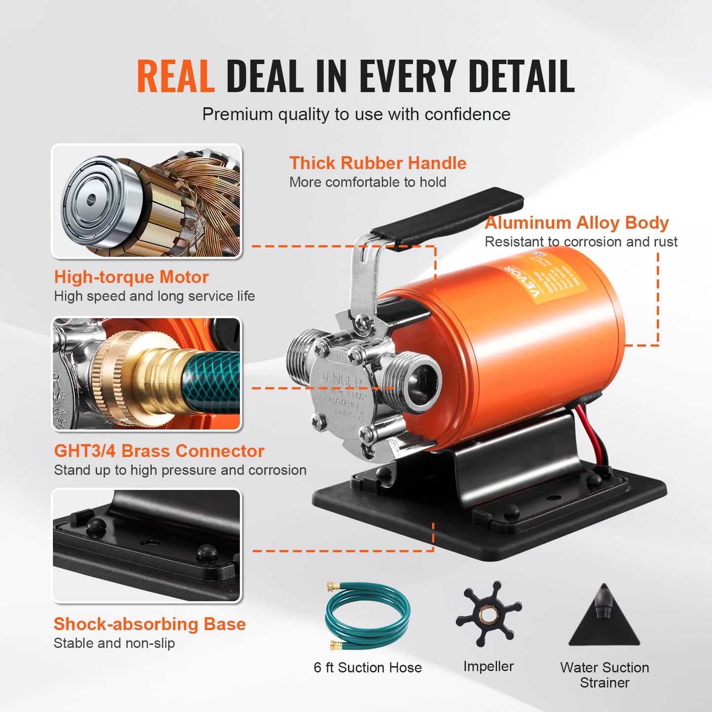Water Transfer Pump 12V DC 360 GPH 1/10HP Portable Electric Utility Pump with 6 ft Suction Hose Kit