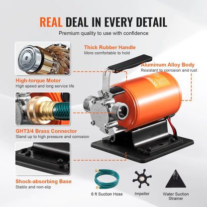 Water Transfer Pump 12V DC 360 GPH 1/10HP Portable Electric Utility Pump with 6 ft Suction Hose Kit