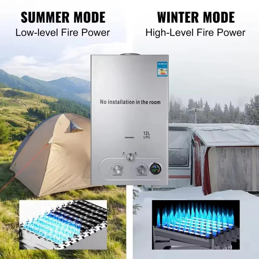 6L-18L LPG Gas Tankless Hot Water Heater Outdoor Use;  Stainless Steel Camping W/Shower Kit LPG Water Heater
