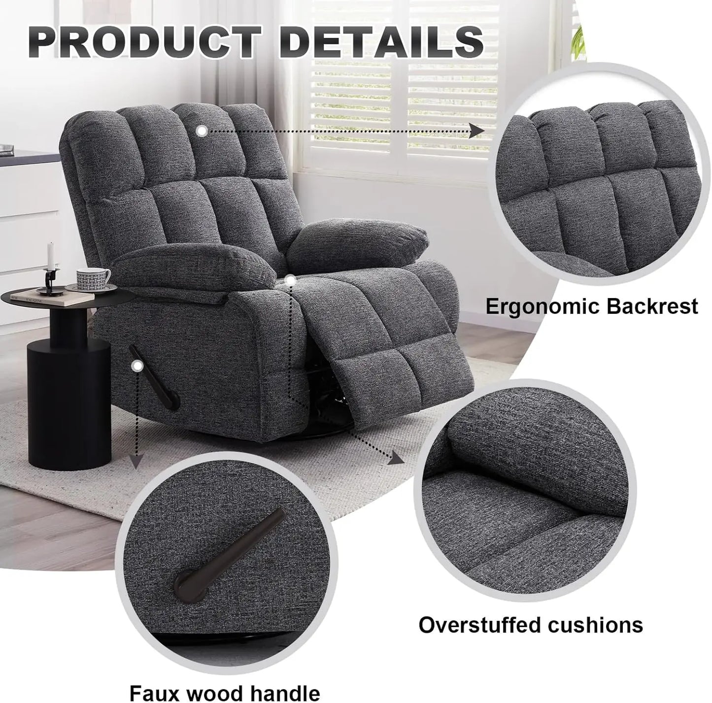 Oversized Extra Large Recliner Rocker Chair; Extra Wide; Manual Swivel Recliner