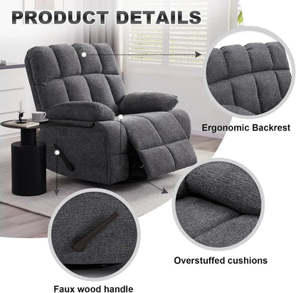 Oversized Extra Large Recliner Rocker Chair; Extra Wide; Manual Swivel Recliner