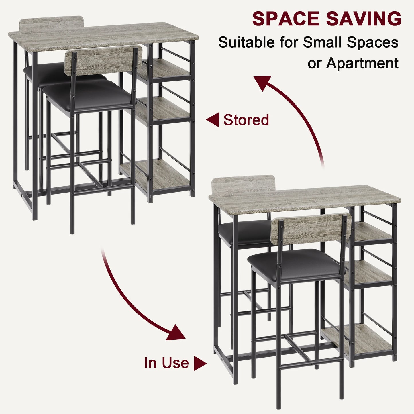 Dining Table Set for 2, Kitchen Table and Upholstered Chairs for 2.3-Piece Bar Table Set with 3 Large Shelves for Small Space