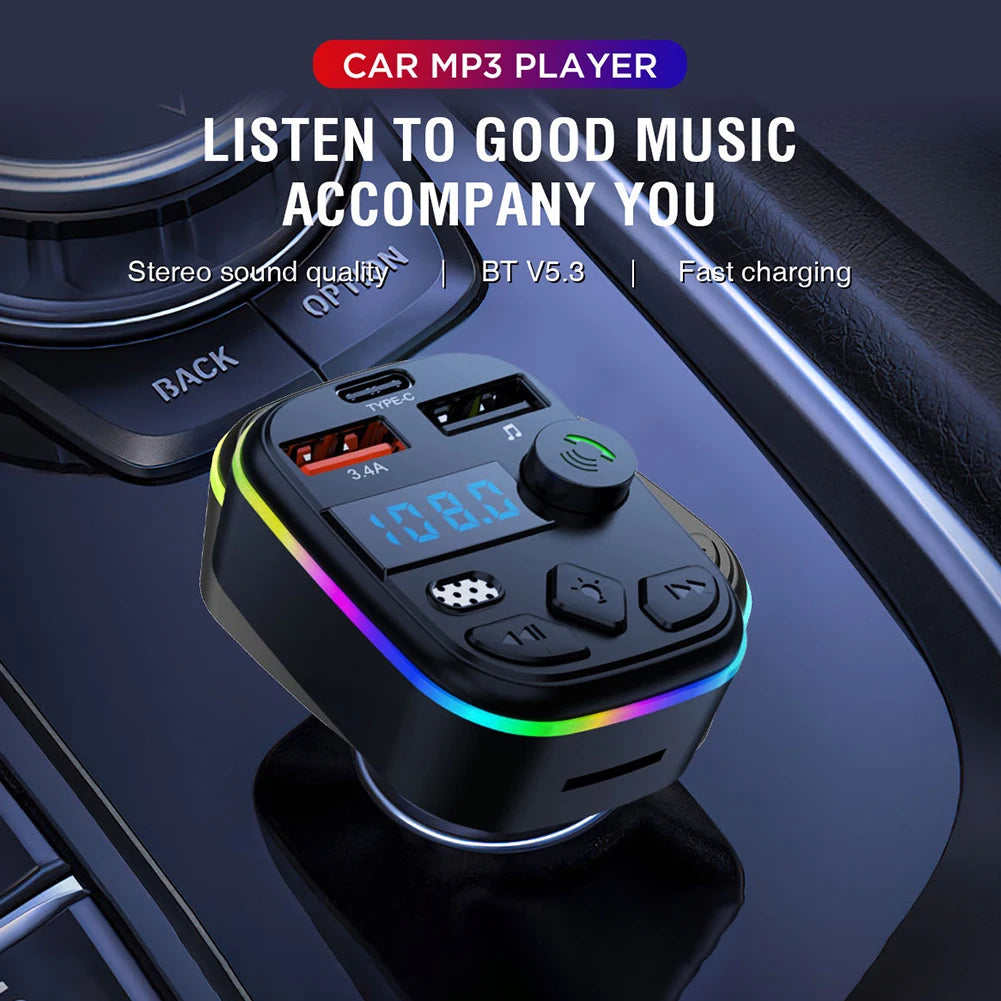 Hands Free Wireless MP3 Player Bluetooth-Compatible 5.3 Support TF Card U Disk Cell Phone Charger Car FM Transmitter