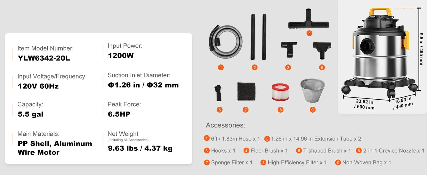 SucceBuy Stainless Steel Wet Dry Shop Vacuum Wet  Dry Vac Powerful Suction  Small Shop Vac Perfect for Carpet Debris  Pet  Hair