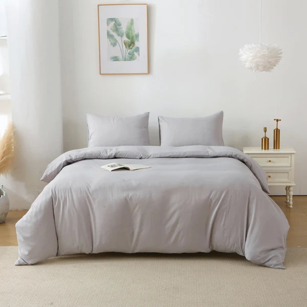 3 Pieces Solid Color Bedding Set with 1 Duvet Cover and 2 Pillow Shams, Comforter Not Included (Queen Size, Light Grey)
