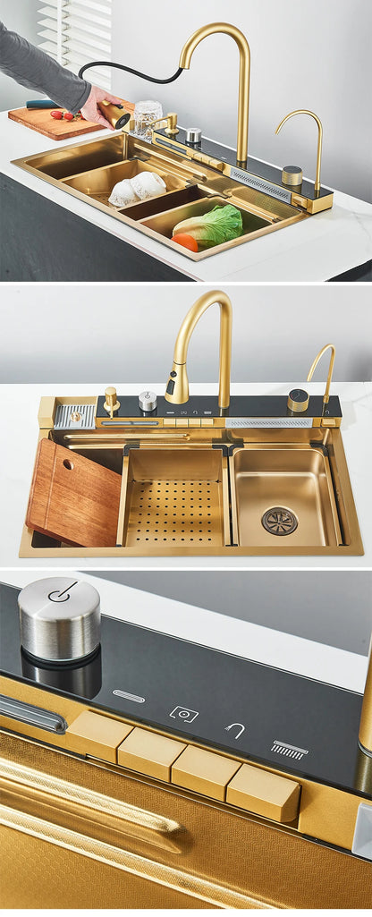 304 Stainless Steel Kitchen Sink with Digital Display Waterfall Faucet, Multifunctional Large Single Slot Whale Sink