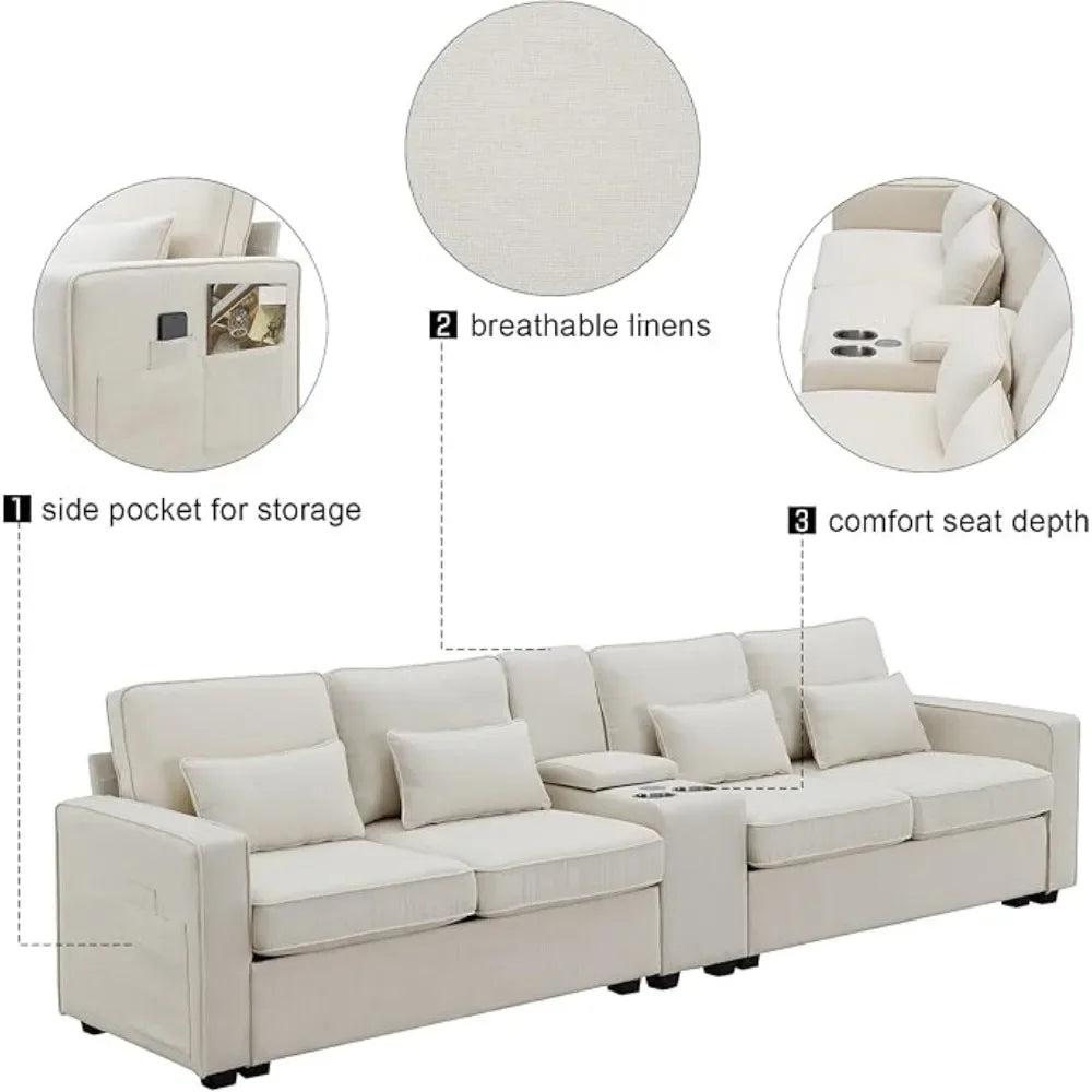 Linen Fabric Sectional Sofa with Console,114.2inch  4-Seat Couch with 4 Pillows