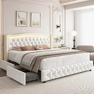 Full Size Smart LED Platform Bed Frame; 4 Storage Drawers; Gold Trim Wingback Headboard,