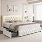 Full Size Smart LED Platform Bed Frame; 4 Storage Drawers; Gold Trim Wingback Headboard,