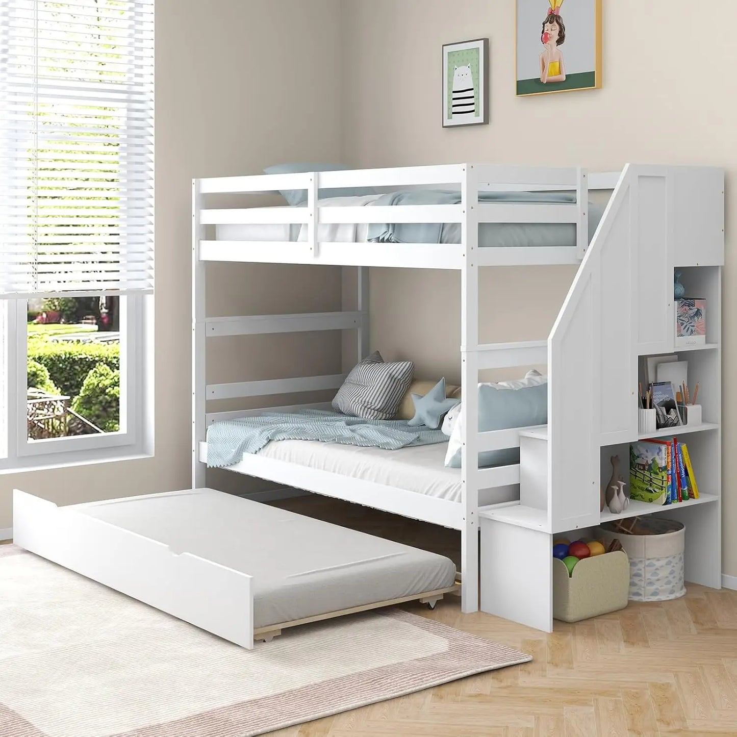 Twin Over Twin Bunk Bed with Trundle and Stairs, Solid Wood Bunk Bed Frame with Storage Shelf, Bunk Beds Detachable,