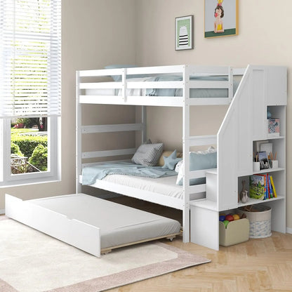 Twin Over Twin Bunk Bed with Trundle and Stairs, Solid Wood Bunk Bed Frame with Storage Shelf, Bunk Beds Detachable,
