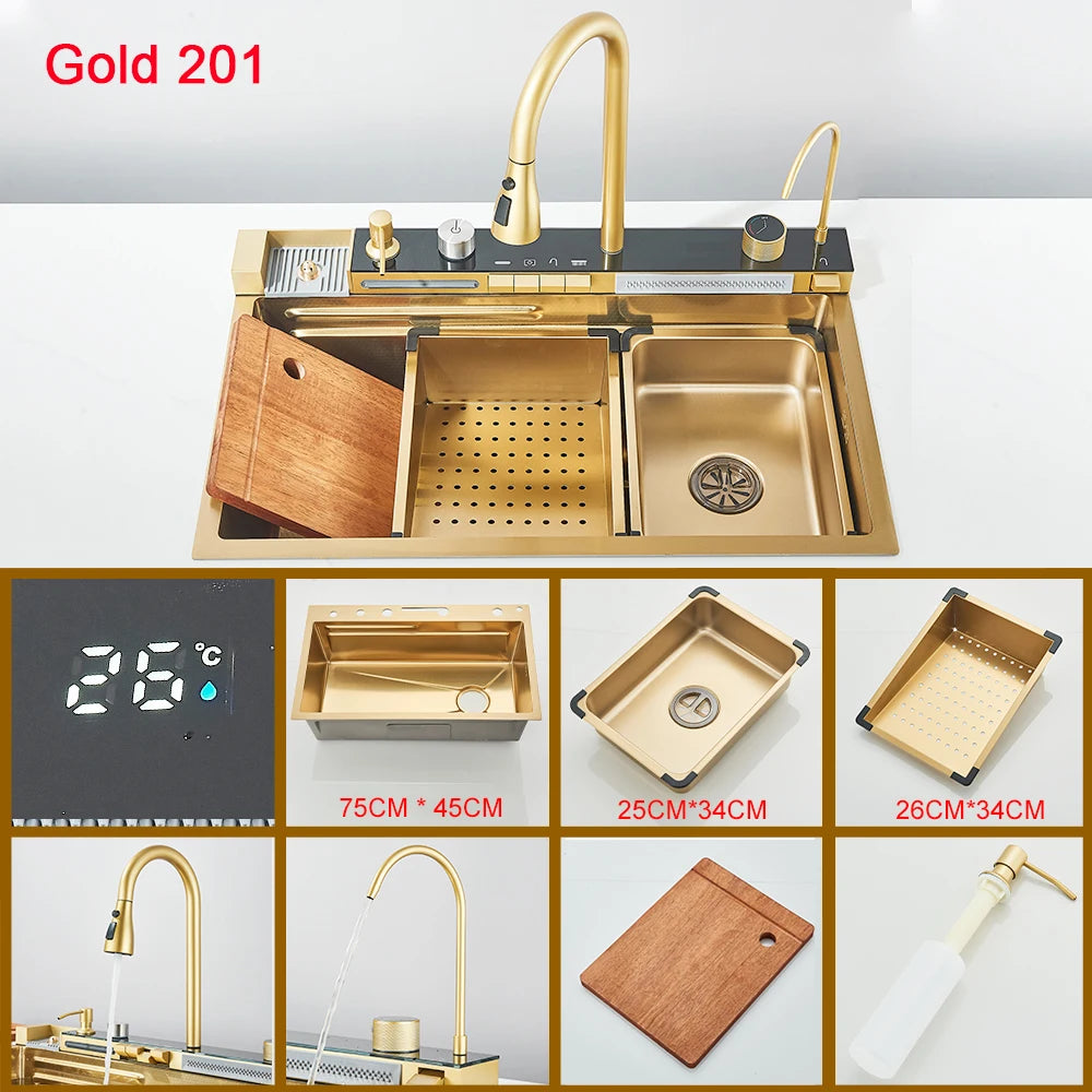 Multifunctional Kitchen Waterfall Sink Digital Display; 304 Stainless Steel