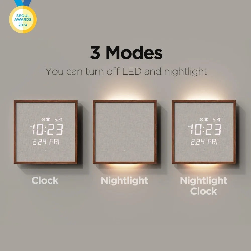 Wooden Frame LED Silent Wall Clock with Remote, Backlit Nightlight