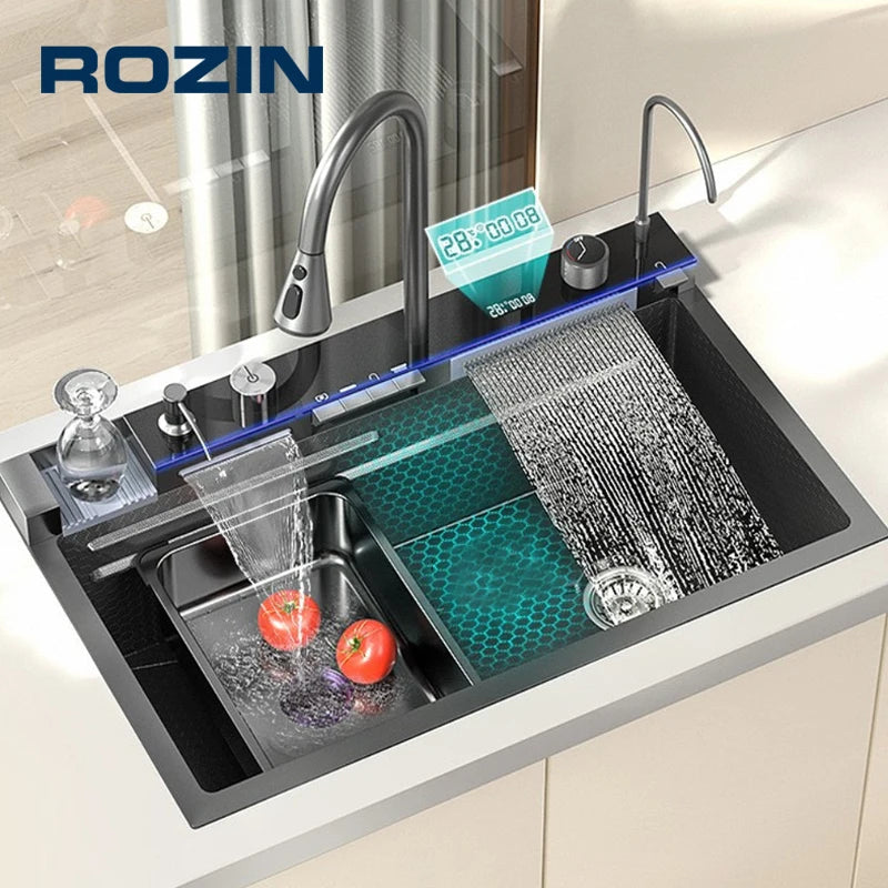 304 Stainless Steel Kitchen Sink with Digital Display Waterfall Faucet, Multifunctional Large Single Slot Whale Sink