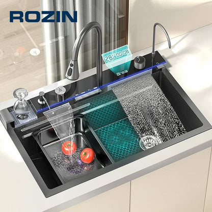 304 Stainless Steel Kitchen Sink with Digital Display Waterfall Faucet, Multifunctional Large Single Slot Whale Sink