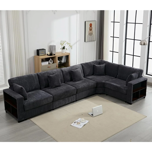 Corduroy Large Sectional Sofa Couches for Livingroom, Oversized 5 Seat L-Shaped Sofa Set with Chaise&Storage Cabinet