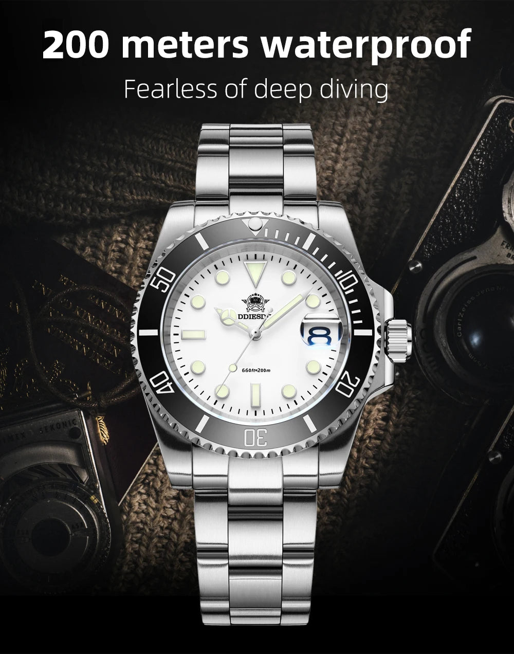 ADDIESDIVE Quartz Watch 316L Stainless Steel Windows Display Blue luminous 20Bar Ceramic Ring Waterproof Scuba