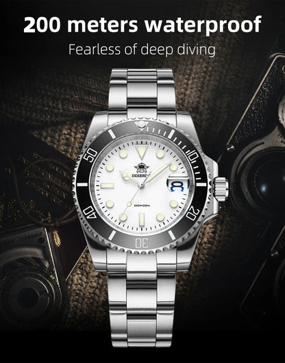 ADDIESDIVE Quartz Watch 316L Stainless Steel Windows Display Blue luminous 20Bar Ceramic Ring Waterproof Scuba