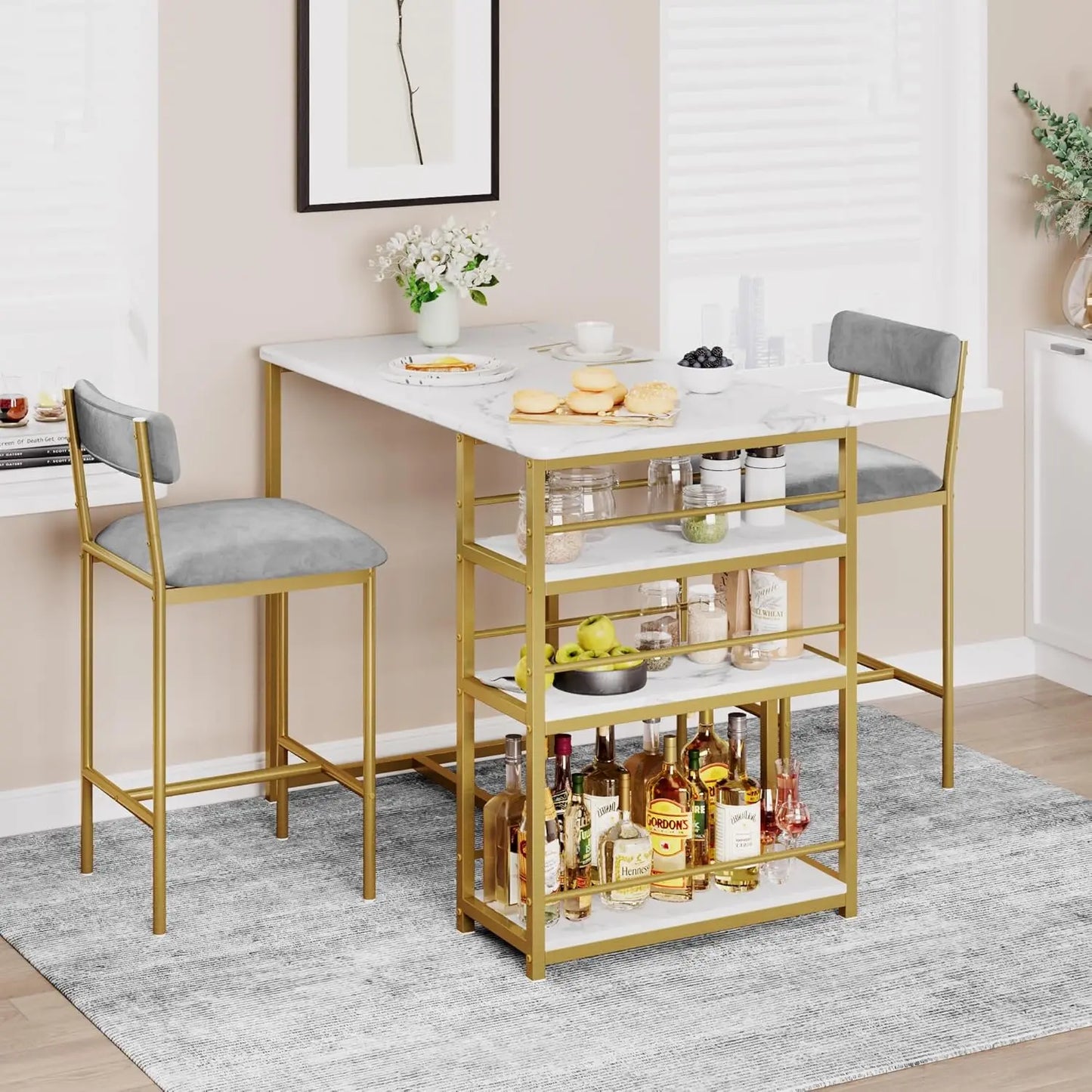 3-Piece Bar Table and Chairs Set with 3 Tier Storage Shelves,  with PU Cushion Bar Chairs
