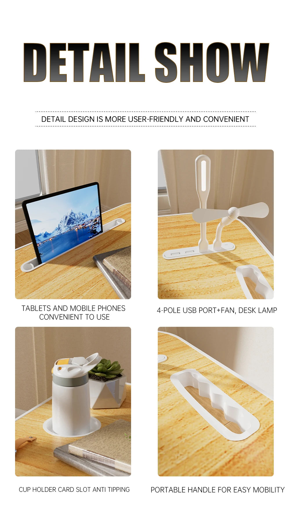 Portable Laptop Desk with USB Light, Small Fan, Cup Holder, Tablet Slot, and Lifting Handle