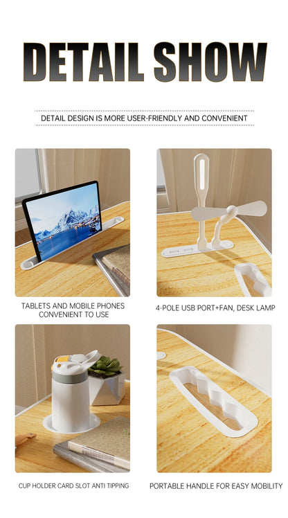 Portable Laptop Desk with USB Light, Small Fan, Cup Holder, Tablet Slot, and Lifting Handle