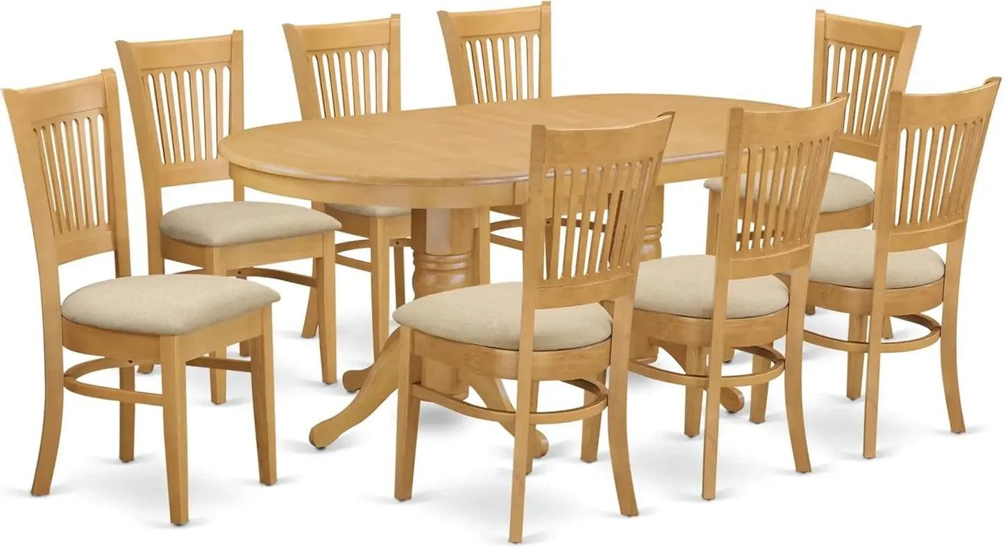 9 Piece Kitchen Set Includes an Oval Table with Butterfly Leaf and 8 Linen Fabric Dining Room Chairs
