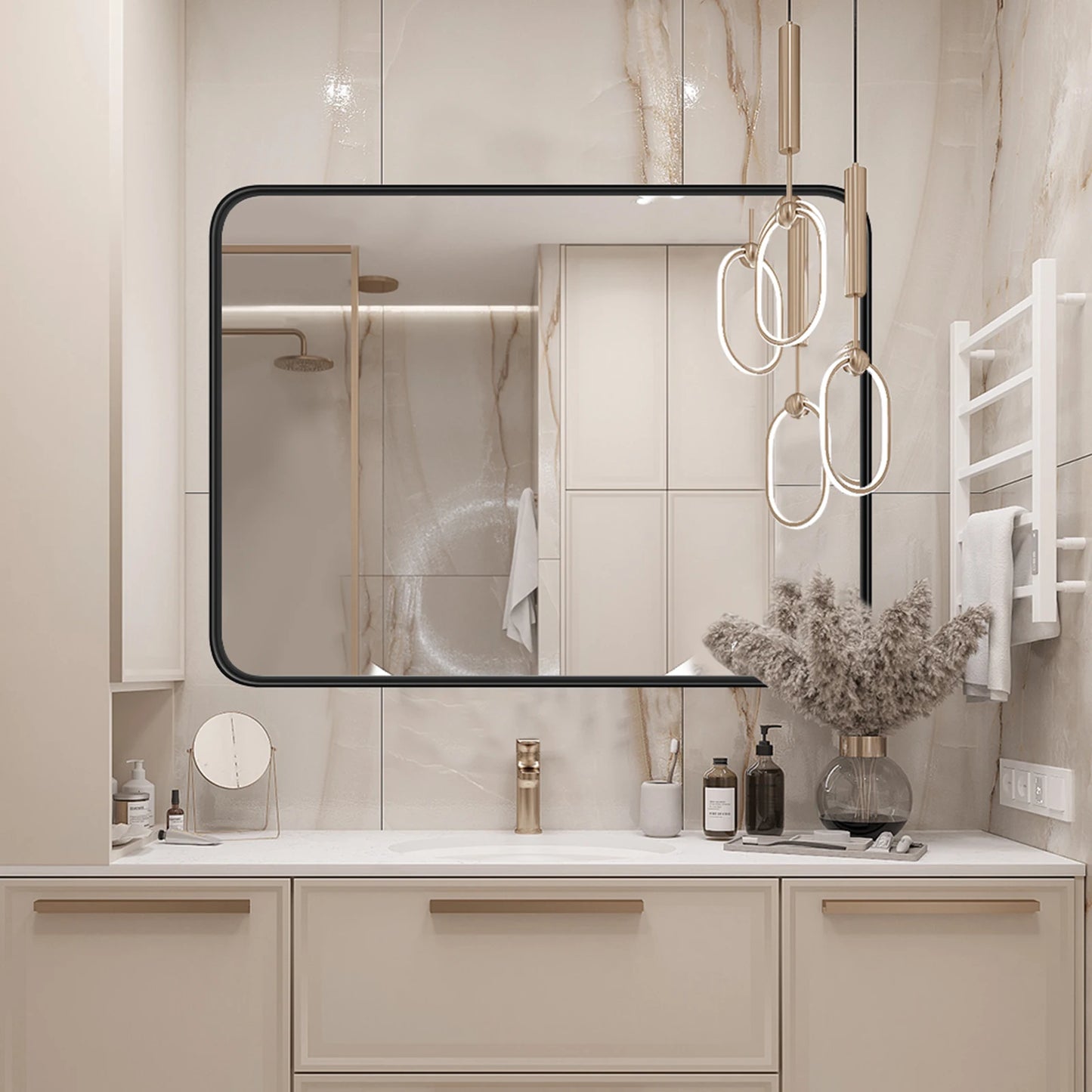 Matte Metal Framed Bathroom Mirror for Wall, Tempered Glass