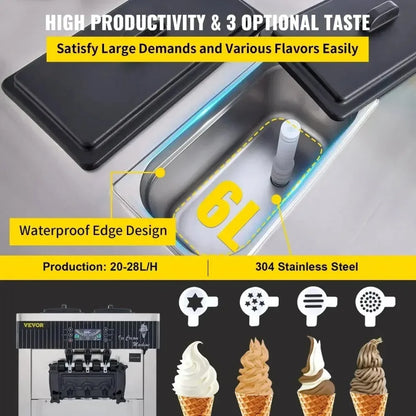 Sihao 2200W Ice Cream Machine 5.3-7.4Gal/H Soft Serve with LED Display Auto Clean 3 Flavors