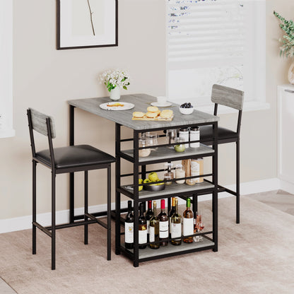 Dining Table Set for 2, Kitchen Table and Upholstered Chairs for 2.3-Piece Bar Table Set with 3 Large Shelves for Small Space